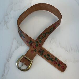 Vintage Floral painted leather Embroidered Brown Leather Belt